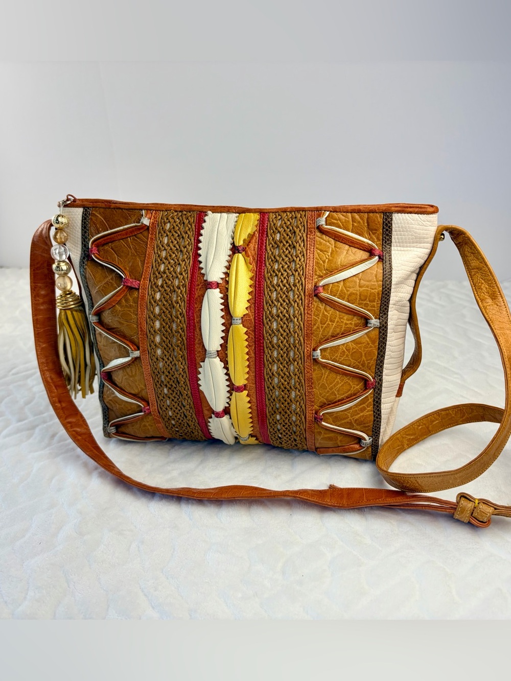 NWT Vintage Sharif 90s Made in USA Boho Art to Wear leather crossbody bag